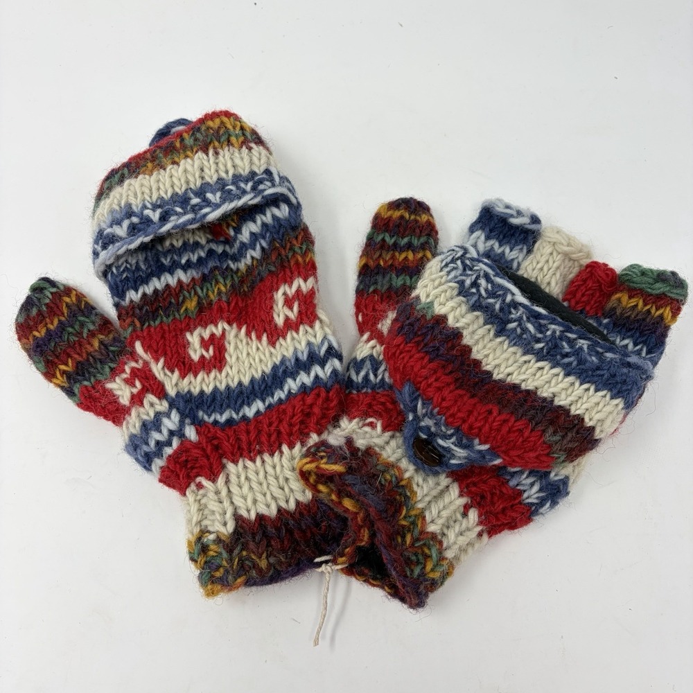 Handmade Nepal Wool Convertible Mittens Fingerless Gloves Multicolor Adult